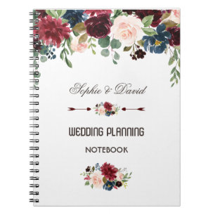 Elegant Merlot Navy Blue Floral Wedding Planner Notitieboek