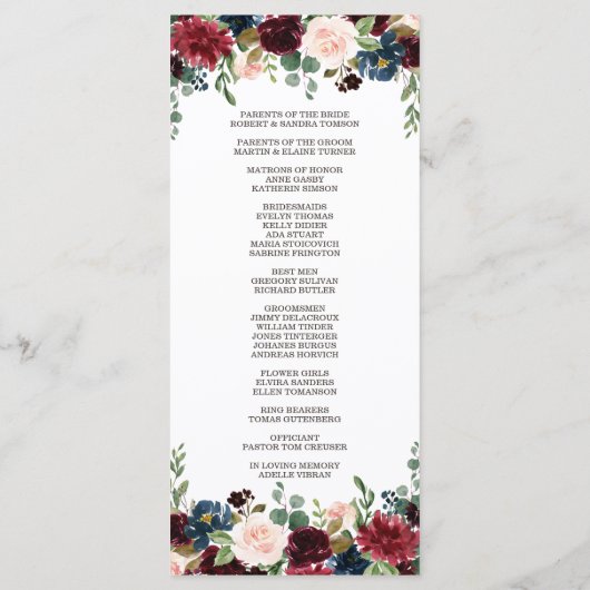 Elegant Merlot Navy Blue Floral Wedding Programme Programmakaart (Achterkant)