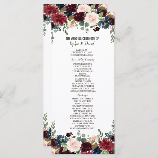 Elegant Merlot Navy Blue Floral Wedding Programme Programmakaart (Voorkant / Achterkant)