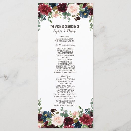 Elegant Merlot Navy Blue Floral Wedding Programme Programmakaart (Voorkant)
