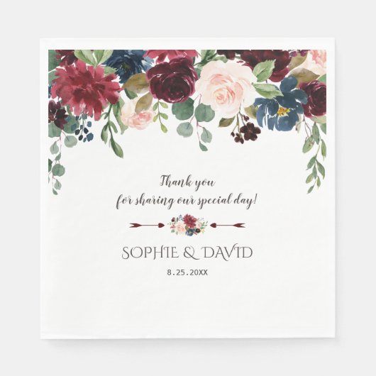 Elegant Merlot Navy Blue Floral Wedding Servet (Voorkant)