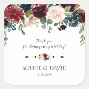 Elegant Merlot Navy Blue Floral Wedding Vierkante Sticker