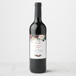 Elegant Merlot Navy Blue Floral Wedding Wijn Etiket