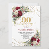 Elegant Merlot Rose Gold 90th Birthday Invite Kaart (Voorkant)