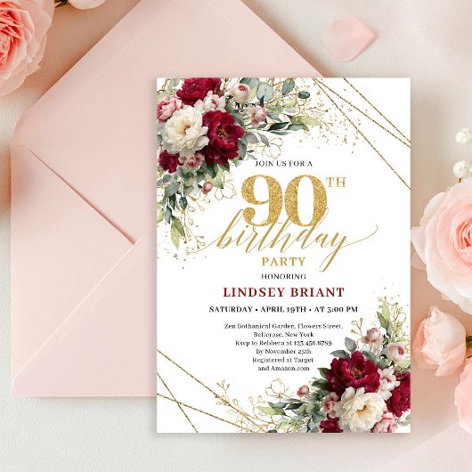 Elegant Merlot Rose Gold 90th Birthday Invite Kaart