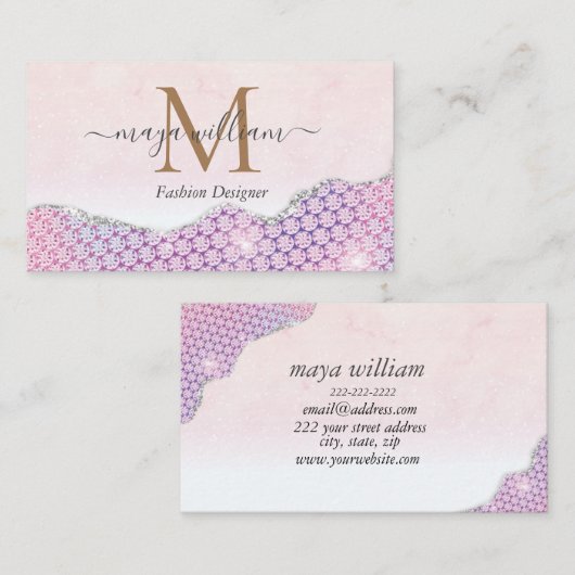 Elegant Mermaid Edges Pink Glitter Agate Contactkaartje (Voorkant / Achterkant)