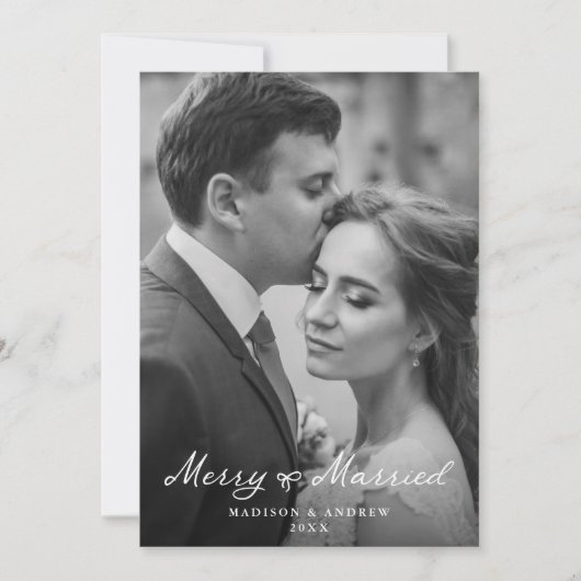 Elegant Merry and Married Bow Pas getrouwd Foto Feestdagenkaart (Voorkant)