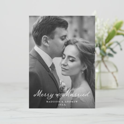 Elegant Merry and Married Bow Pas getrouwd Foto Feestdagenkaart (Staand voorkant)