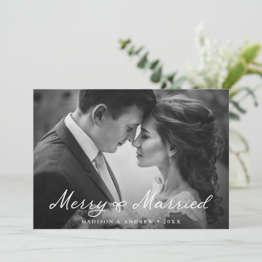 Elegant Merry and Married Bow Pas getrouwd Foto Feestdagenkaart (Staand voorkant)