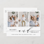 Elegant Merry & Bright 3 Photo Holiday Briefkaart (Voorkant / Achterkant)