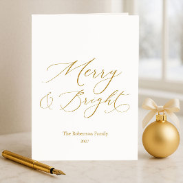 Elegant Merry & Bright Gold Script Christmas Feestdagen Kaart