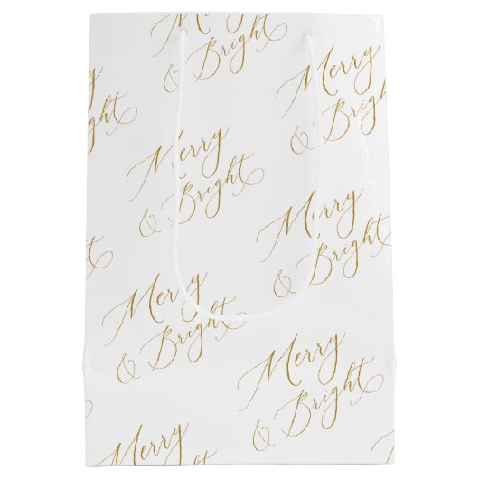 Elegant Merry & Bright Gold Script Christmas Medium Cadeauzakje (Achterkant)