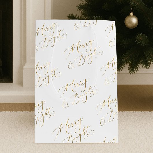 Elegant Merry & Bright Gold Script Christmas Medium Cadeauzakje