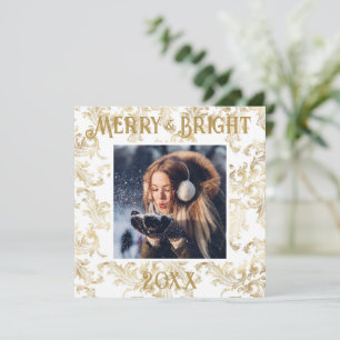 Elegant Merry & Bright Photo Gold  Feestdagenkaart