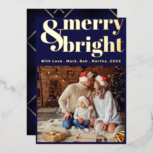 Elegant Merry & Bright Typografie Kerstmis Folie Feestdagenkaart (Voorkant / Achterkant)