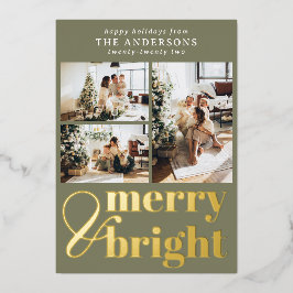 Elegant Merry & Bright Typografie Kerstmis Folie Feestdagenkaart