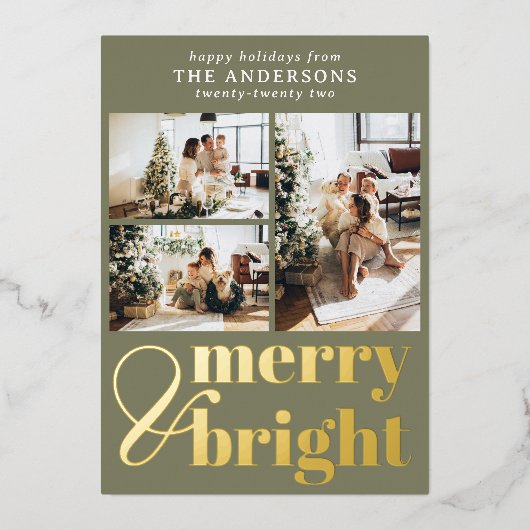 Elegant Merry & Bright Typografie Kerstmis Folie Feestdagenkaart (Voorkant)