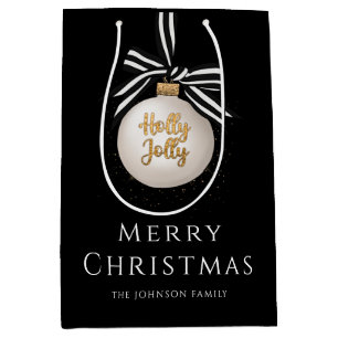 Elegant Merry Christmas Bauble Zwart Medium Cadeauzakje