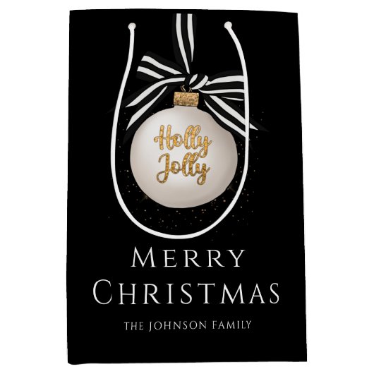 Elegant Merry Christmas Bauble Zwart Medium Cadeauzakje (Voorkant)