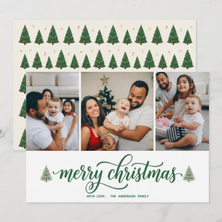 Elegant Merry Christmas Family 3 Photos Flat Card Feestdagenkaart