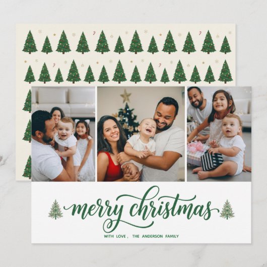 Elegant Merry Christmas Family 3 Photos Flat Card Feestdagenkaart (Voorkant / Achterkant)