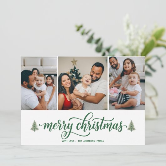 Elegant Merry Christmas Family 3 Photos Flat Card Feestdagenkaart (Staand voorkant)