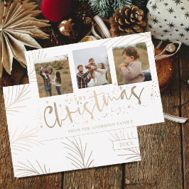 Elegant Merry Christmas Faux Gold 3 foto Feestdagenkaart