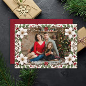 Elegant Merry Christmas Floral Frame Custom Photo Feestdagenkaart