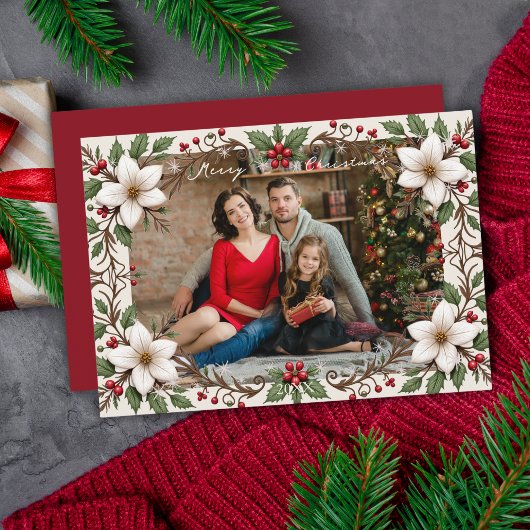 Elegant Merry Christmas Floral Frame Custom Photo Feestdagenkaart