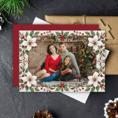 Elegant Merry Christmas Floral Frame Custom Photo Feestdagenkaart
