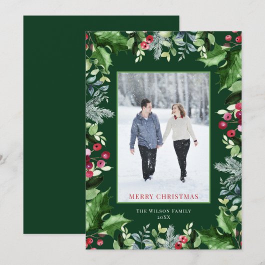 Elegant Merry Christmas Foto Waterverf groen Feestdagenkaart (Voorkant / Achterkant)