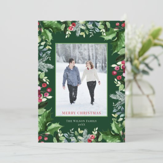 Elegant Merry Christmas Foto Waterverf groen Feestdagenkaart (Staand voorkant)