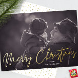 Elegant Merry Christmas Gold op één foto gedrukt Folie Feestdagenkaart<br><div class="desc">Vroege kerstfeestdag met gouden handdruk Schriftelijke foto-Folie Kaart *echte folie</div>