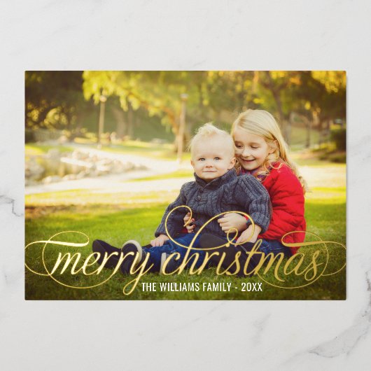 Elegant Merry Christmas Gold Script Photo Collage Folie Feestdagenkaart (Voorkant)