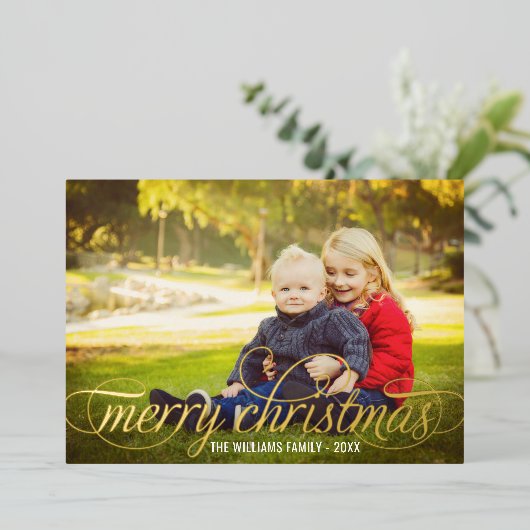 Elegant Merry Christmas Gold Script Photo Collage Folie Feestdagenkaart (Staand Voorkant)