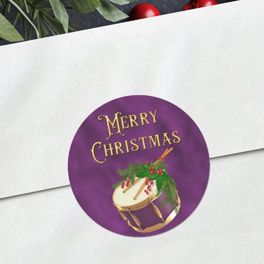 Elegant Merry Christmas Music Drum Purple Ronde Sticker