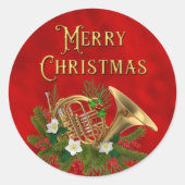 Elegant Merry Christmas Music French Horn Red Ronde Sticker (Voorkant)