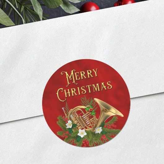Elegant Merry Christmas Music French Horn Red Ronde Sticker
