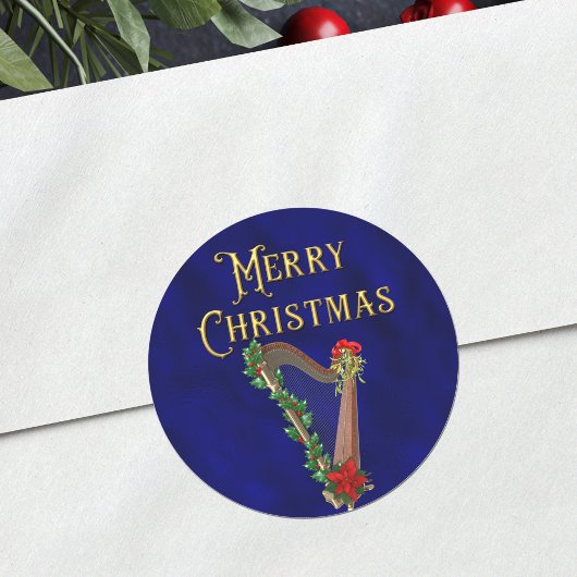 Elegant Merry Christmas Music Harp Navy Blue Ronde Sticker