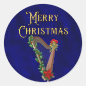 Elegant Merry Christmas Music Harp Navy Blue Ronde Sticker (Voorkant)