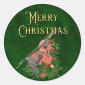 Elegant Merry Christmas Music Violin Green Ronde Sticker (Voorkant)