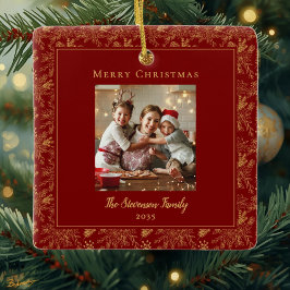 Elegant Merry Christmas Red Faux Gold Photo Keramisch Ornament