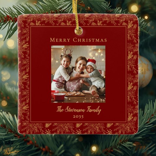 Elegant Merry Christmas Red Faux Gold Photo Keramisch Ornament