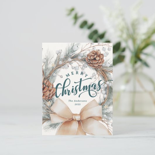 Elegant Merry Christmas Script Botanical Wreath  Feestdagenkaart (Staand voorkant)