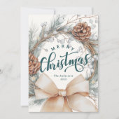 Elegant Merry Christmas Script Botanical Wreath  Feestdagenkaart (Voorkant)