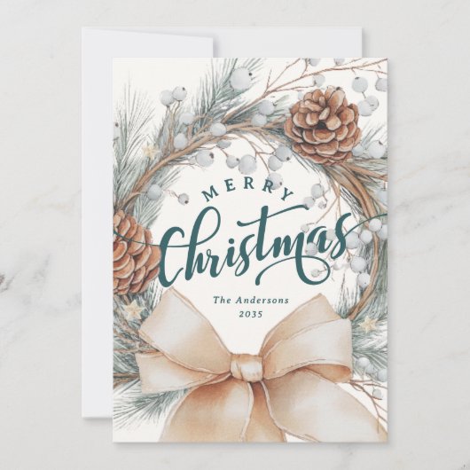 Elegant Merry Christmas Script Botanical Wreath  Feestdagenkaart (Voorkant)