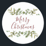 Elegant Merry Christmas Script groen Ronde Sticker<br><div class="desc">Waterverf groen lijsten elegant script Merry Christmas typografie op deze elegante vakantie stickers. Ontworpen door Thisnotme©</div>