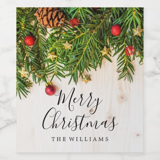 Elegant Merry Christmas Script Rustiek Hout Wijn Etiket (Enkel label)