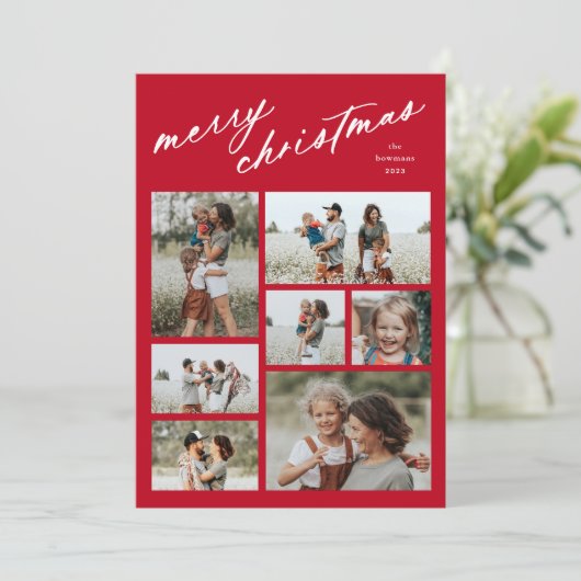 Elegant Merry Christmas Script Typografie 7 Foto Feestdagenkaart (Staand voorkant)