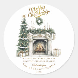 Elegant Merry Christmas Sticker with Fireplace and